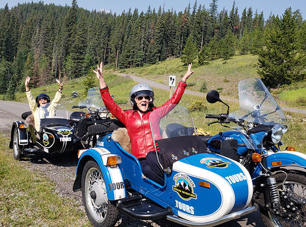 Rocky Mountain Sidecar Adventure tour group having fun in Alberta's beautiful wilderness