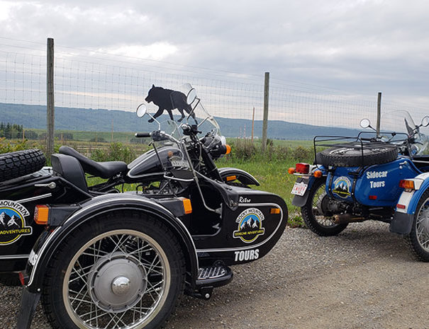 Rocky Mountain Sidecar Adventures bikes parked in front of Wolf Sanctuary sign